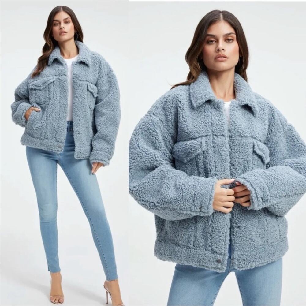 Good American Good 90s Sherpa Blue Trucker Jacket Small Medium, MSRP $199